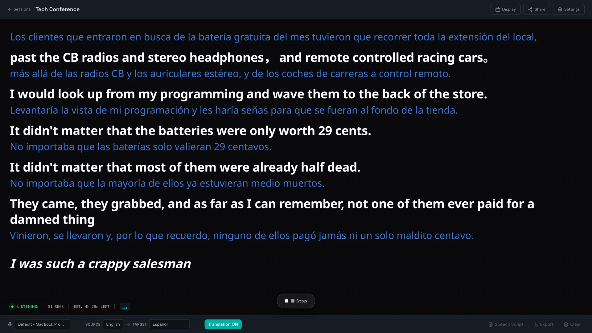 Questro AI caption and translation display for a live session