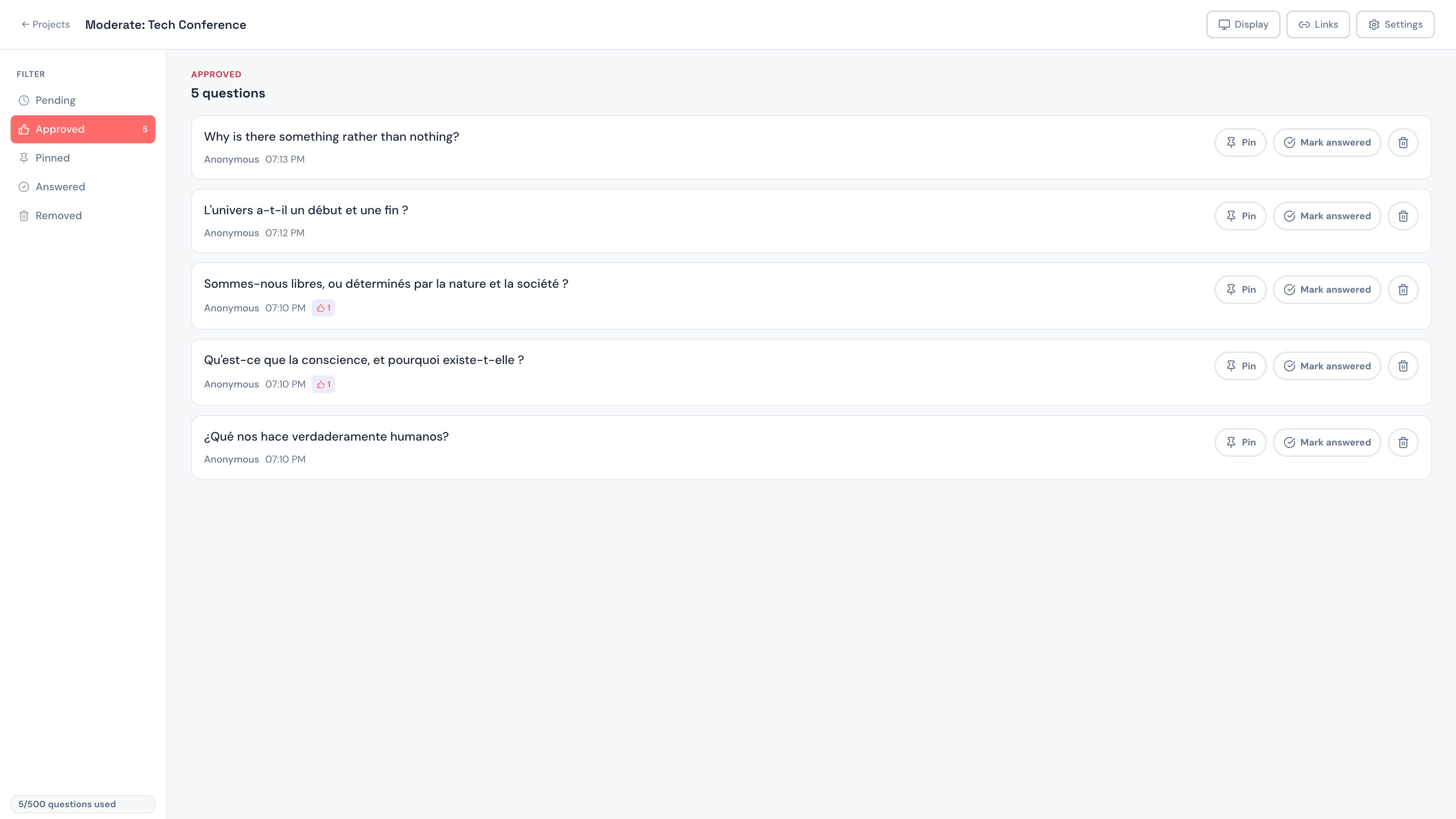 Questro Q&A moderation screen with approved audience questions