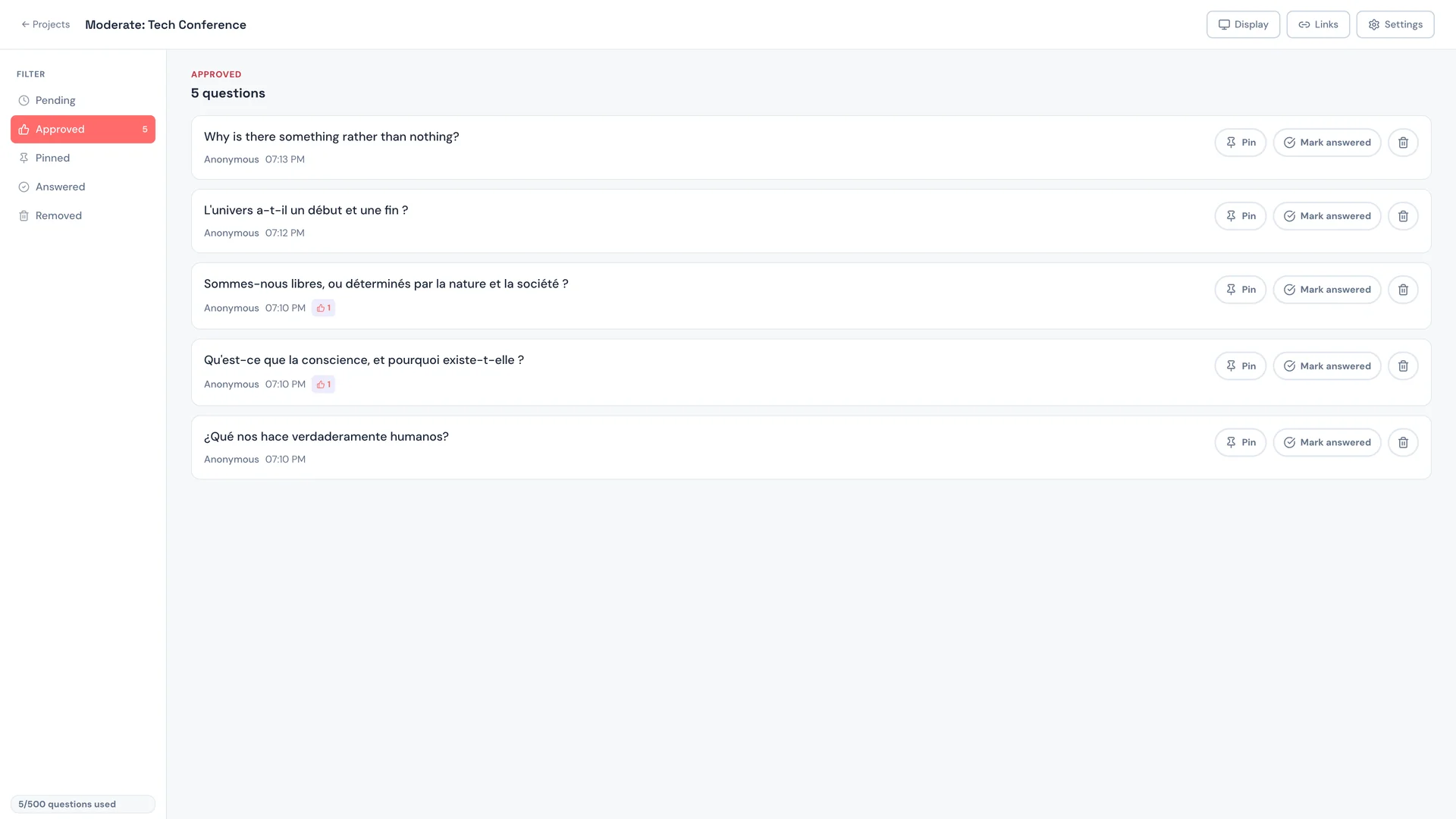 Questro Q&A moderation screen with approved audience questions